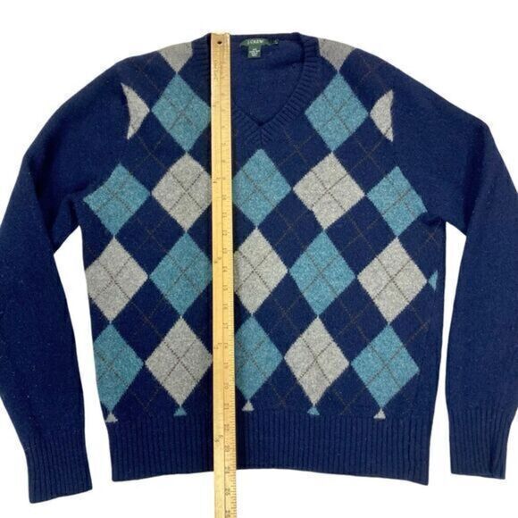 J. Crew 100% Lambswool Sweater Mens Large Blue Diamond Argyle Classic Pullover - Picture 11 of 15